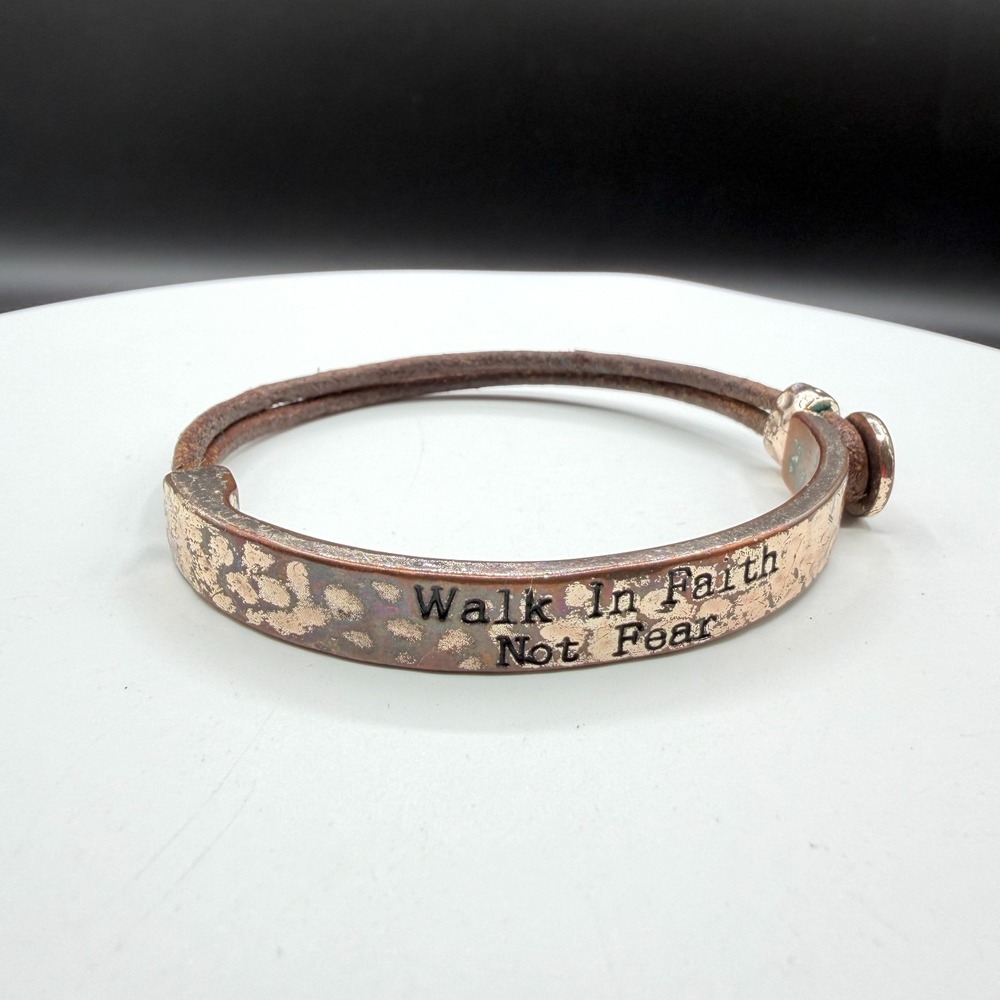 Copper Tone Walk In Faith Not Fear Brown Cord Bracelet Inspirational Jewelry